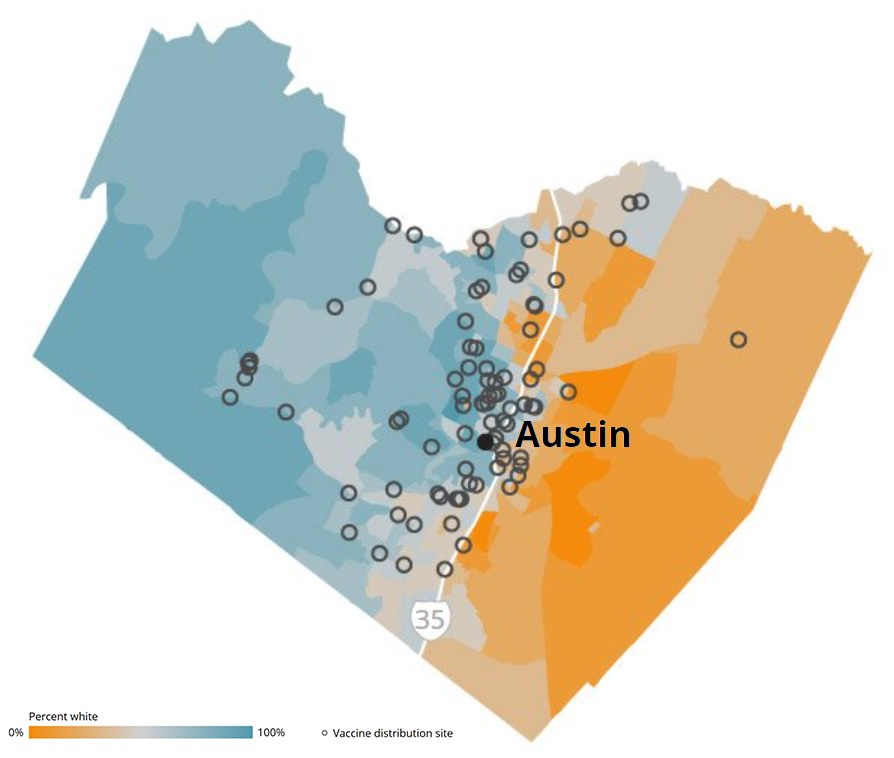 Image of Austin, spit by I-35, showing vaccine distribution sites and percentage of white population
