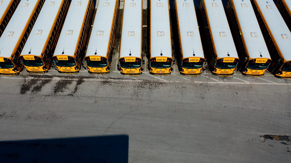 Parked buses seen from overhead